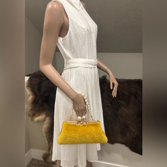 Genuine Shearling Leather “Pearl” Kisslock Clutch Bag/Evening Bag/Crossbody
